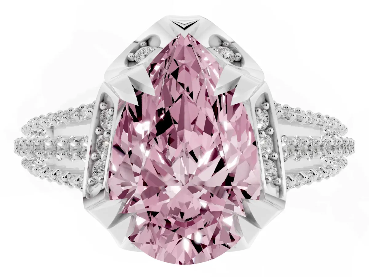 Fancy Pink Pear Cut Solitaire Pave Split Shank Ring with Four-Prong Setting Silver