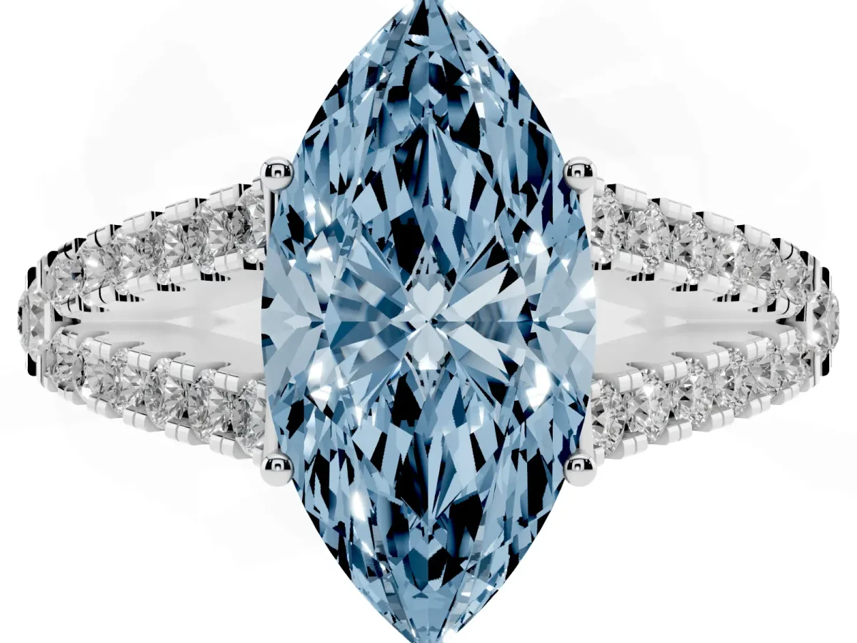 Fancy Blue Marquise Cut Diamond Split Shank Pavé Engagement Ring with Four-Prong Setting Platinum