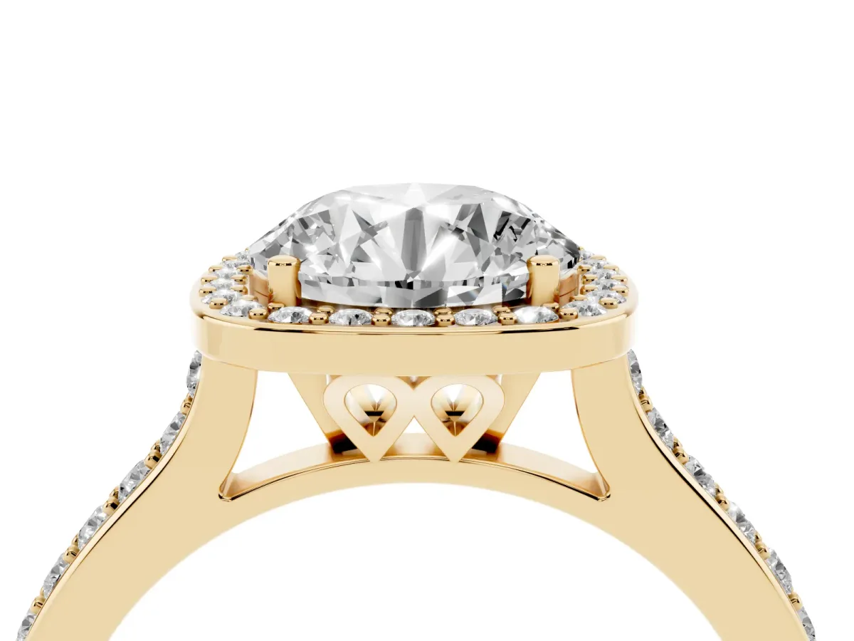 Round Cut Diamond Halo Engagement Ring with Round Pavé Shoulders and Prong Setting Yellow gold