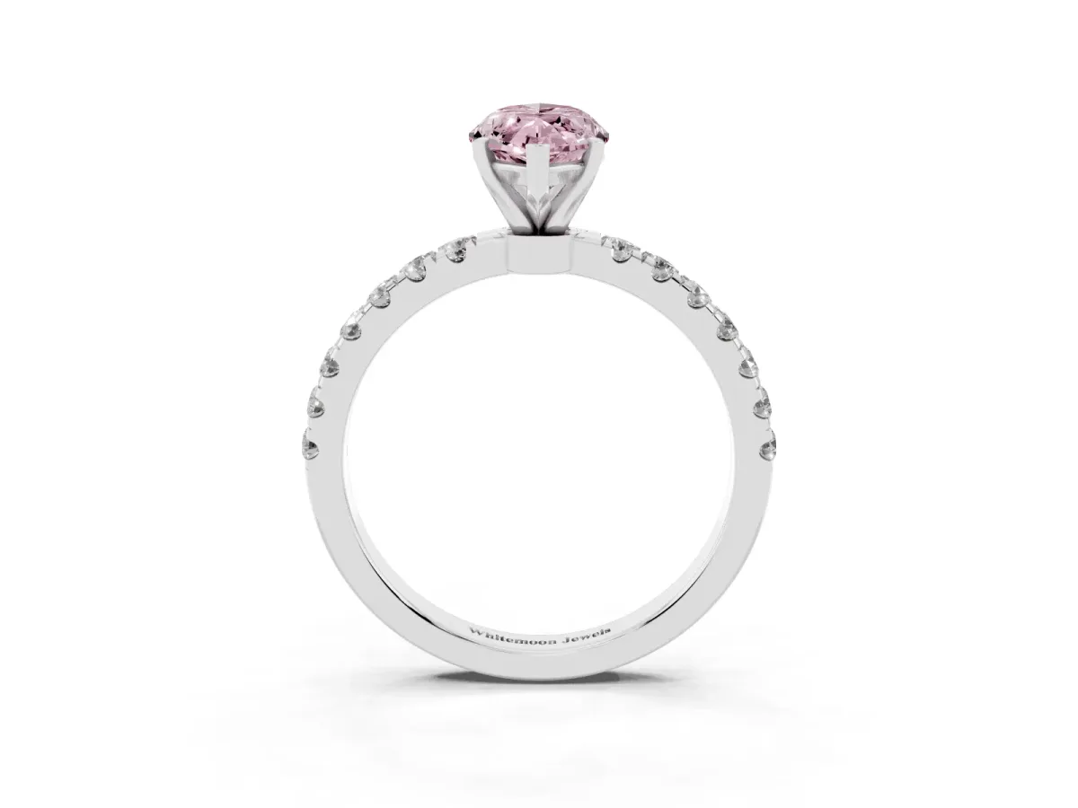 Fancy Pink Marquise Cut Diamond Solitaire Ring with Pavé Accents and Four-Prong Setting Silver