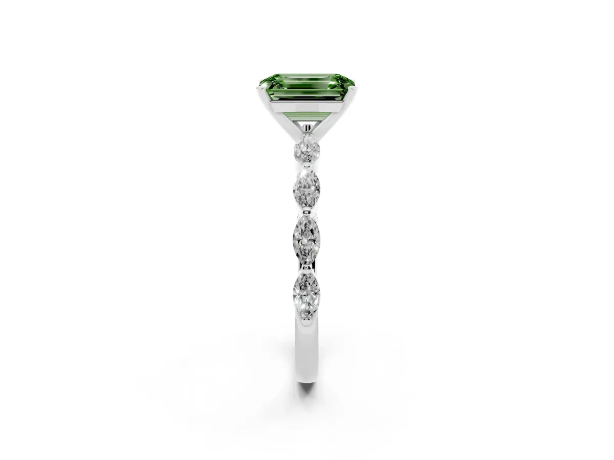 Fancy Green Emerald Cut Diamond Ring with Marquise Side Stones and Prong Setting Platinum