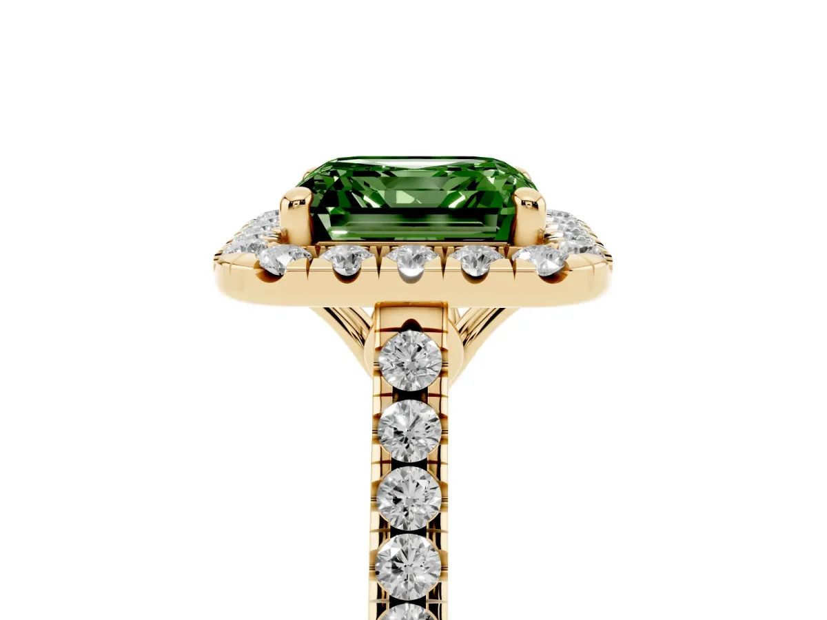 Fancy Green Asscher Cut Halo Pavé Diamond Engagement Ring with Four-Prong Setting Yellow gold