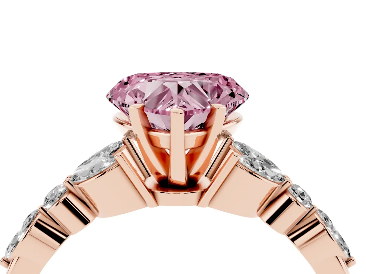 Fancy Pink Heart Cut Diamond Solitaire Ring with Side Stones and Four-Prong Setting Rose gold