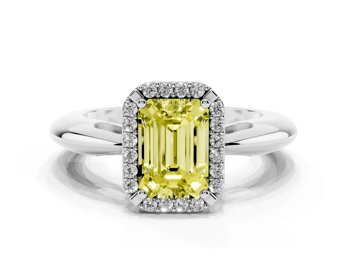 Fancy Yellow Emerald Cut Cut Diamond Halo Engagement Ring with Split Shank and Four-Prong Setting Platinum