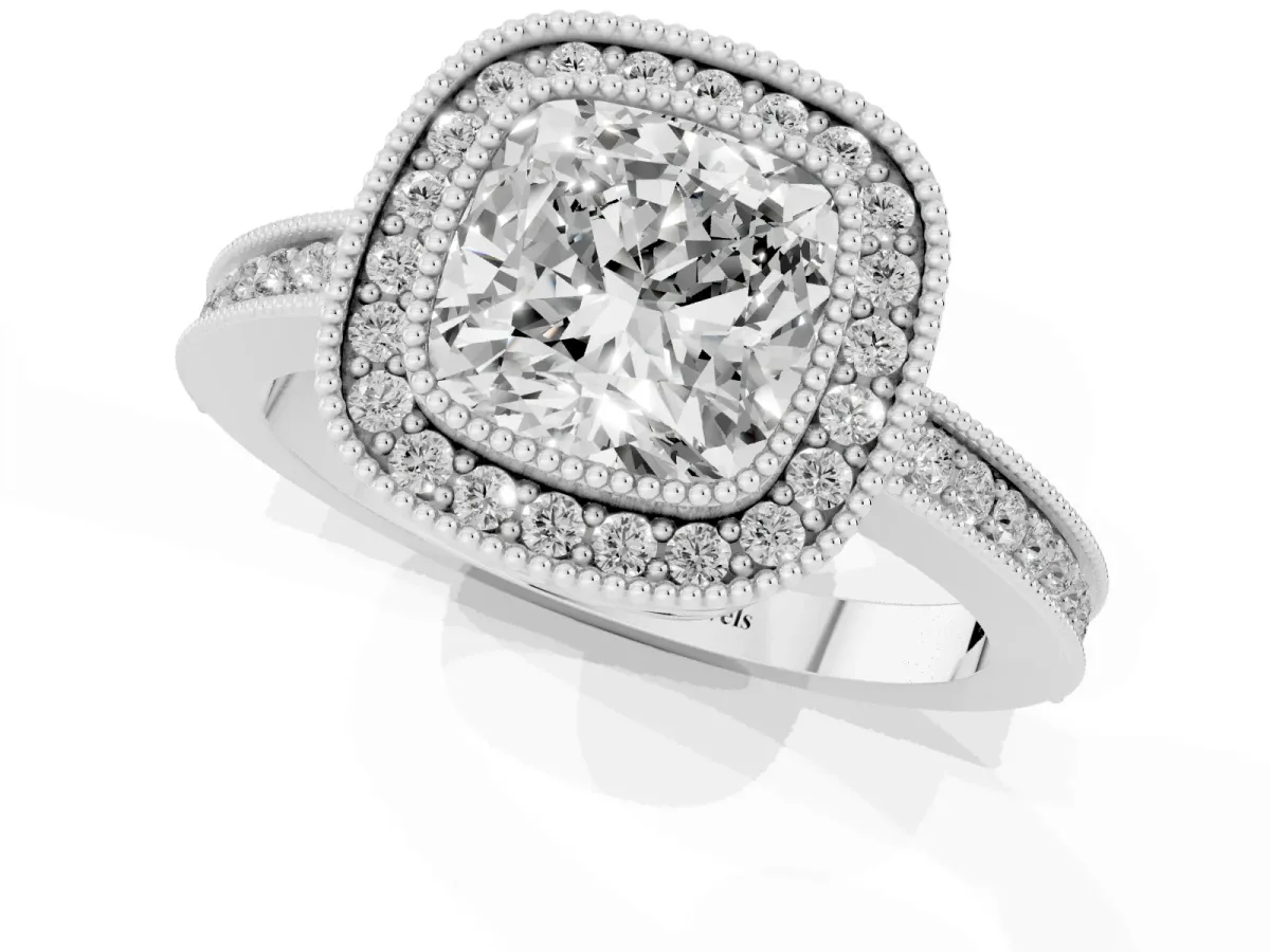 Cushion Cut Cut Halo Diamond Ring with Pavé Band and Milgrain Prong Setting Platinum