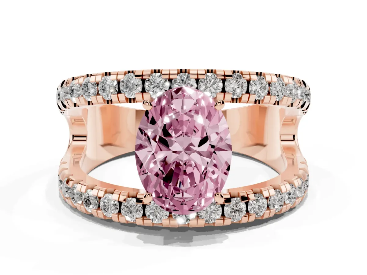 Fancy Pink Oval Cut Solitaire Split Shank Pave Diamond Ring Rose gold