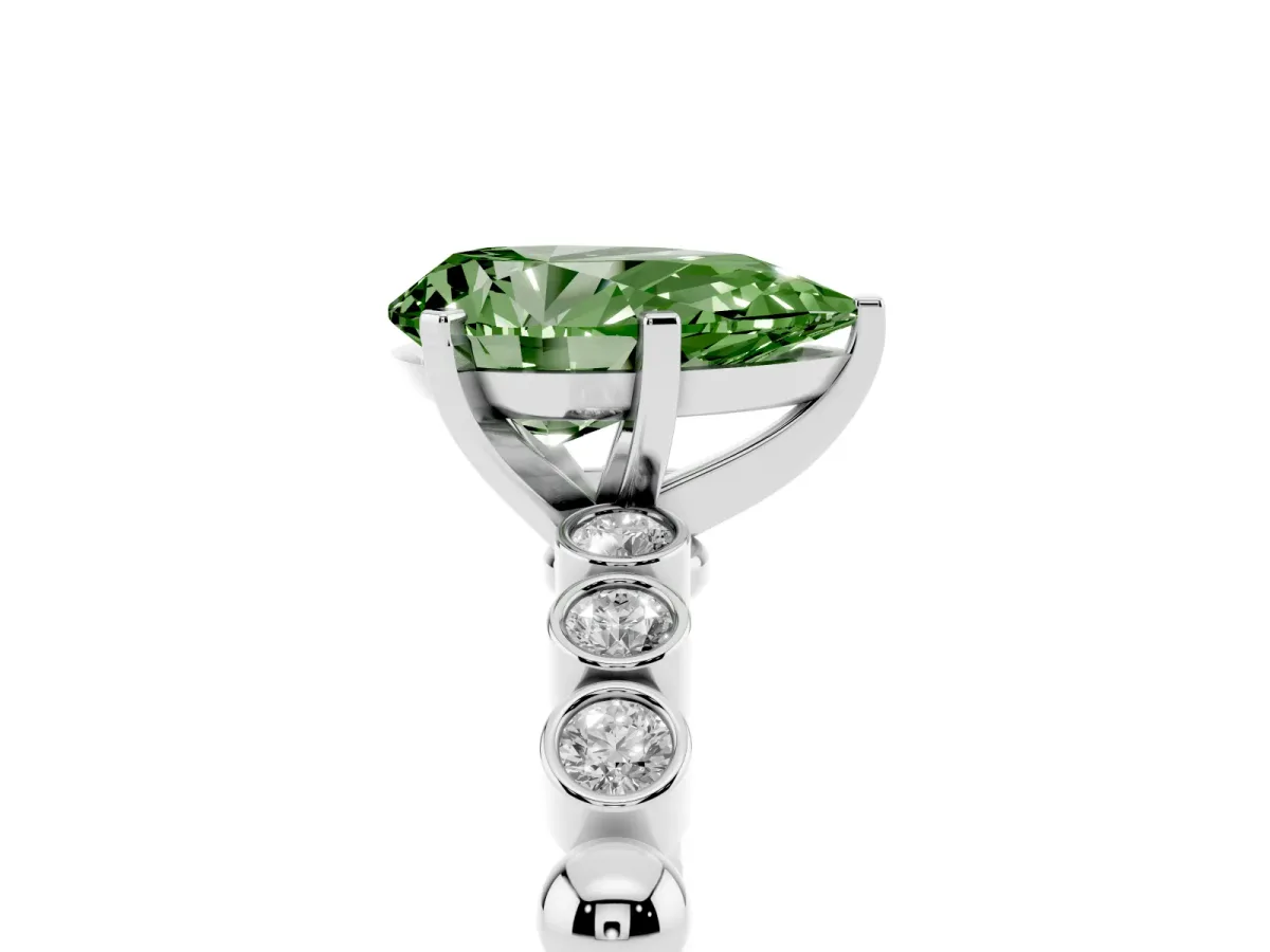Fancy Green Pear Cut Solitaire Bezel Accent Diamond Engagement Ring with Beaded Band and Four-Prong Setting Platinum