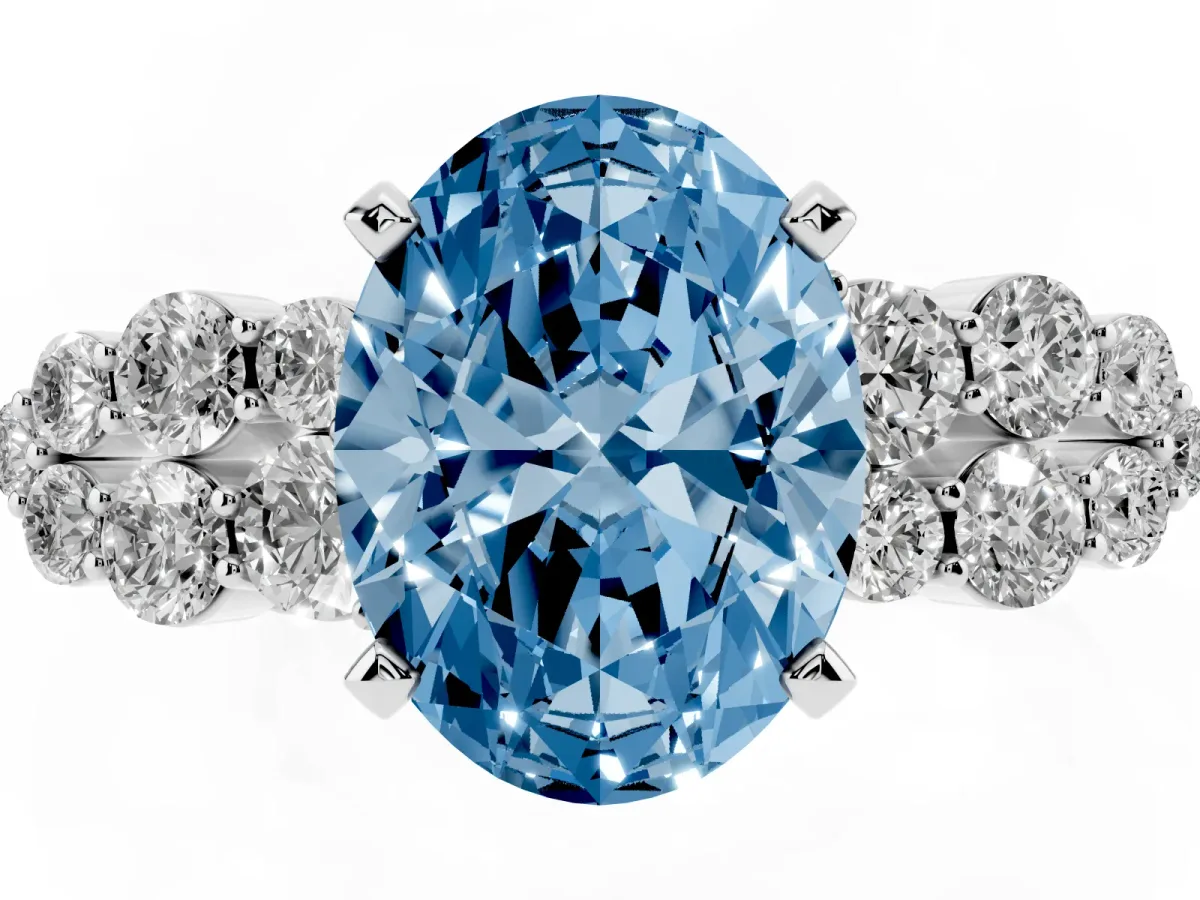 Fancy Blue Oval Cut Cluster Diamond Engagement Ring with Pavé Band and Four-Prong Setting Silver
