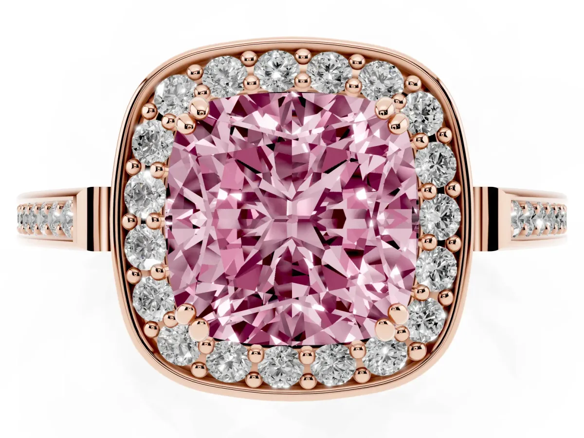 Fancy Pink Cushion Cut Diamond Halo Ring with Split Shank and Four-Prong Setting Rose gold