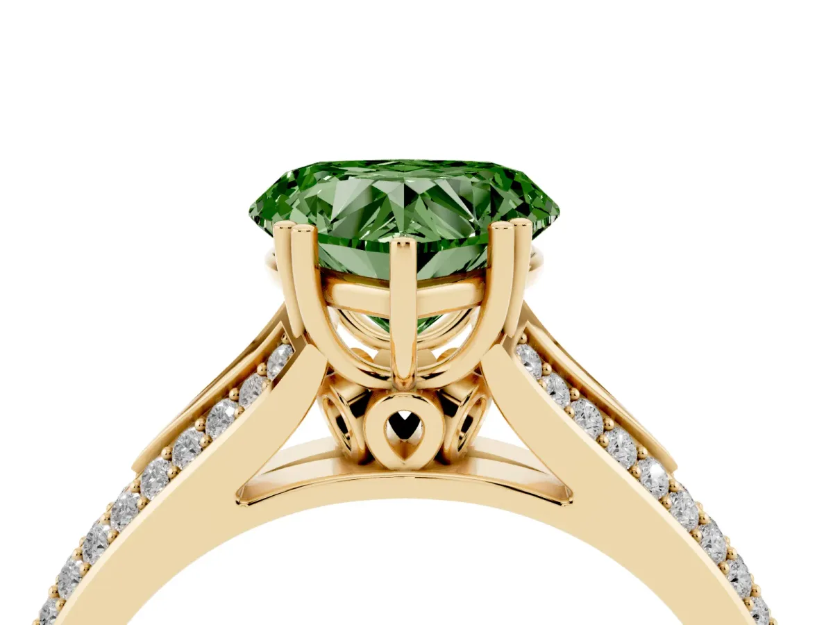 Fancy Green Heart Cut Diamond Split Shank Engagement Ring with Pavé Band Yellow gold