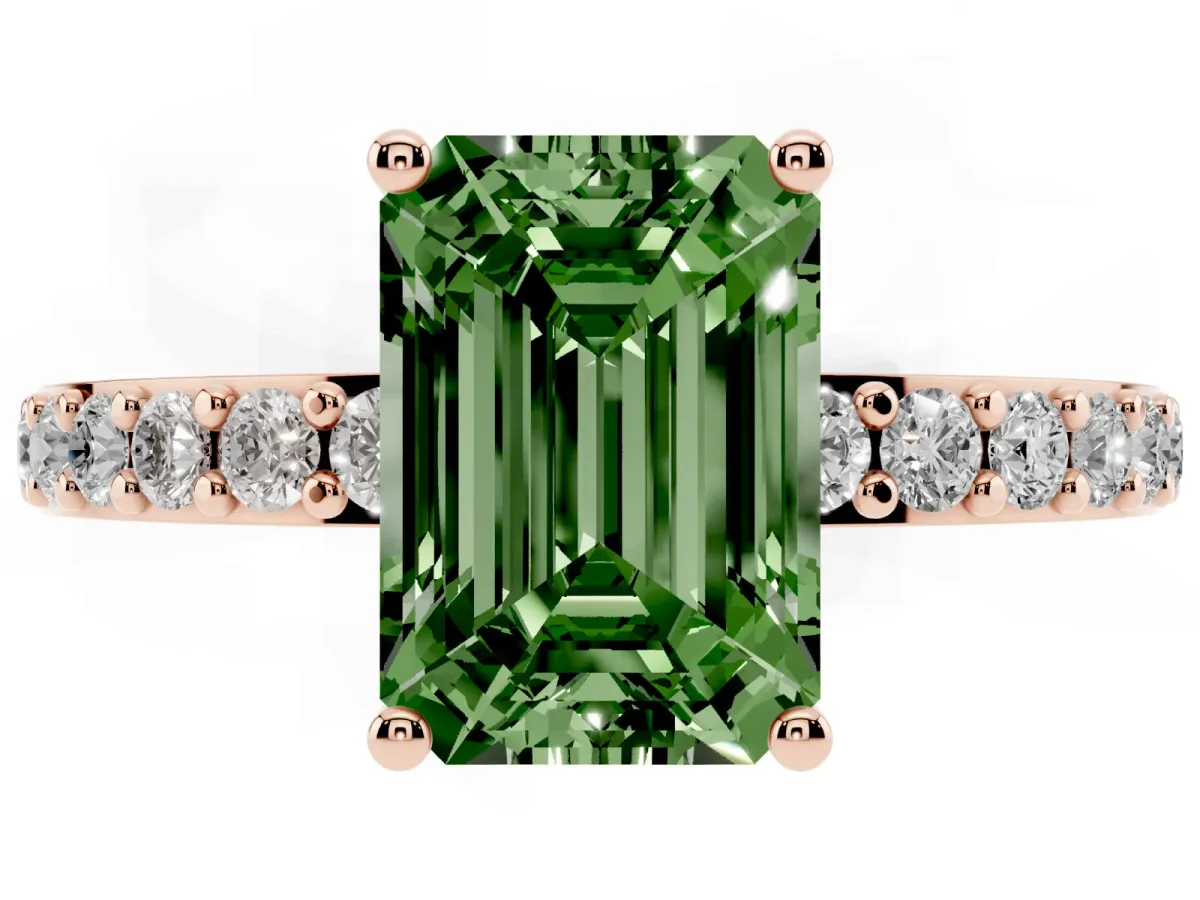 Fancy Green Emerald Cut Cut Diamond Solitaire with Pave Band and Four-Prong Setting Rose gold