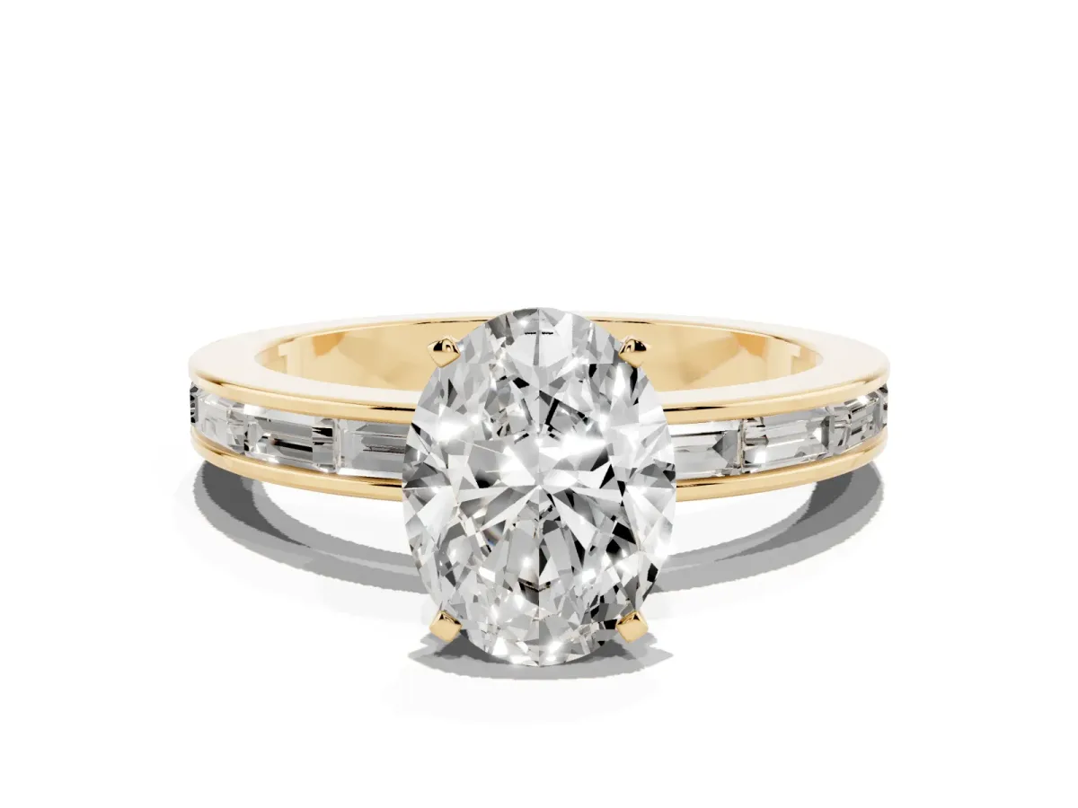 Oval Cut Solitaire Diamond Ring with Channel-Set Baguette Band and Four-Prong Setting Yellow gold