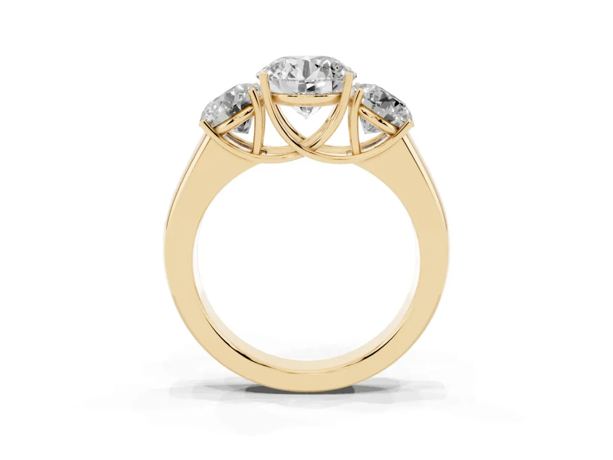 Three-Stone Round Cut Cut Diamond Ring with Prong Setting and Classic Band Yellow gold