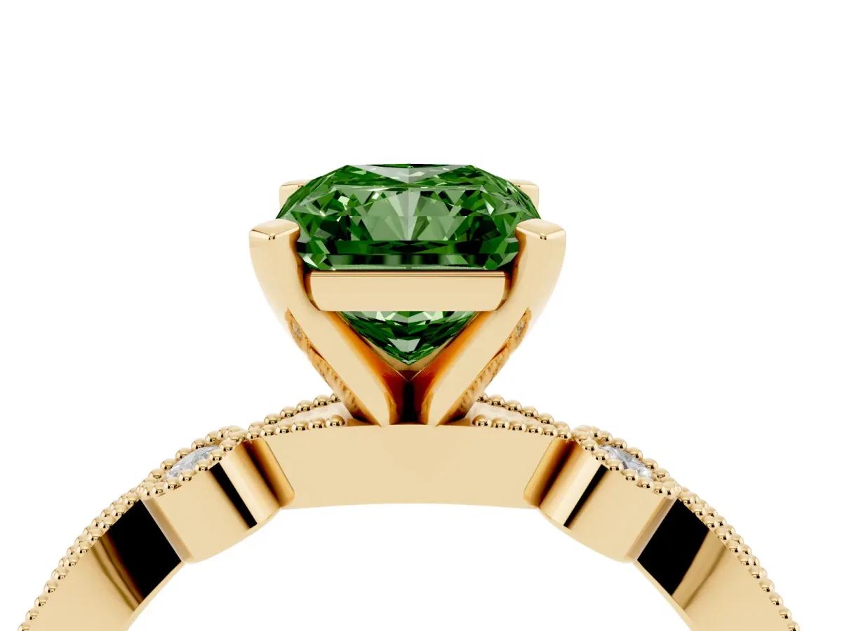 Fancy Green Radiant Cut Milgrain Bezel Diamond Engagement Ring with Solitaire Prong Setting Yellow gold