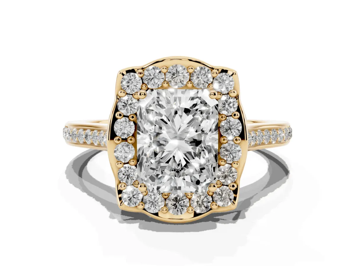 Radiant Cut Halo Round Diamond Pave Band with Four-Prong Setting Yellow gold