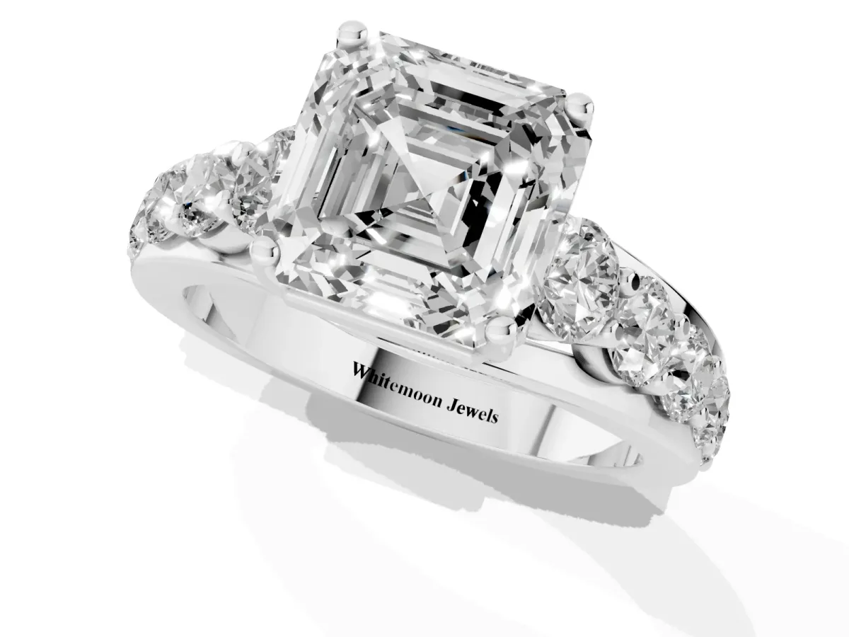 Asscher Cut Diamond Engagement Ring with Pavé Band and Four-Prong Setting Silver