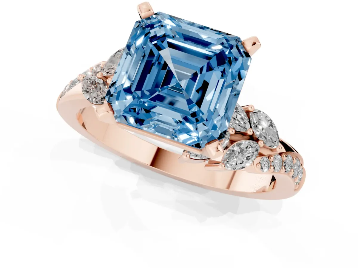 Fancy Blue Asscher Cut Solitaire Marquise Twist Band with Six-Prong Setting Rose gold