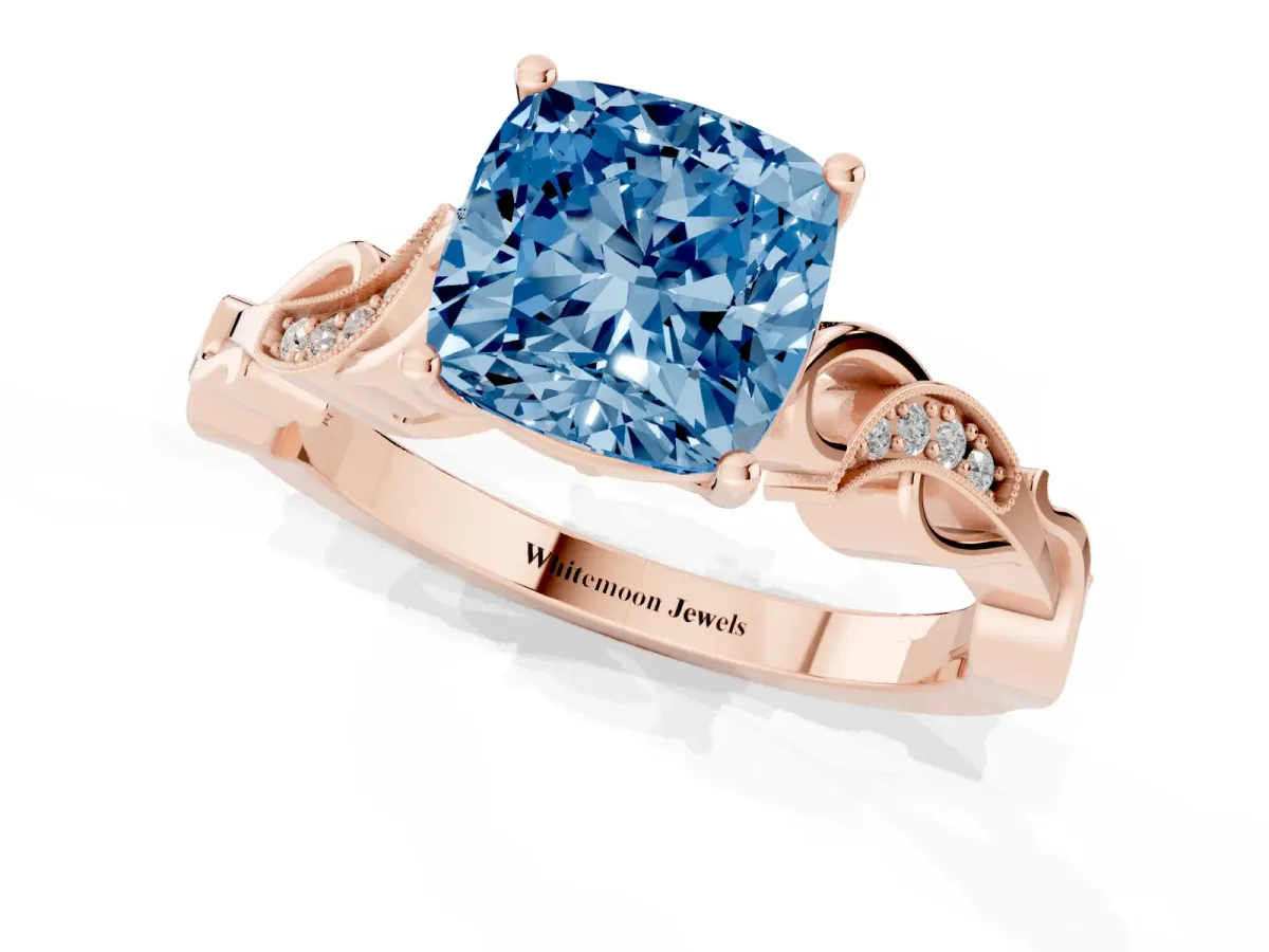 Fancy Blue Cushion Cut Solitaire Vine Band with Milgrain Prong Setting Rose gold