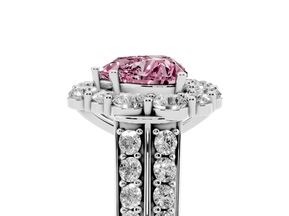 Fancy Pink Heart Cut Halo Diamond Engagement Ring with Split Shank and Prong Setting Silver