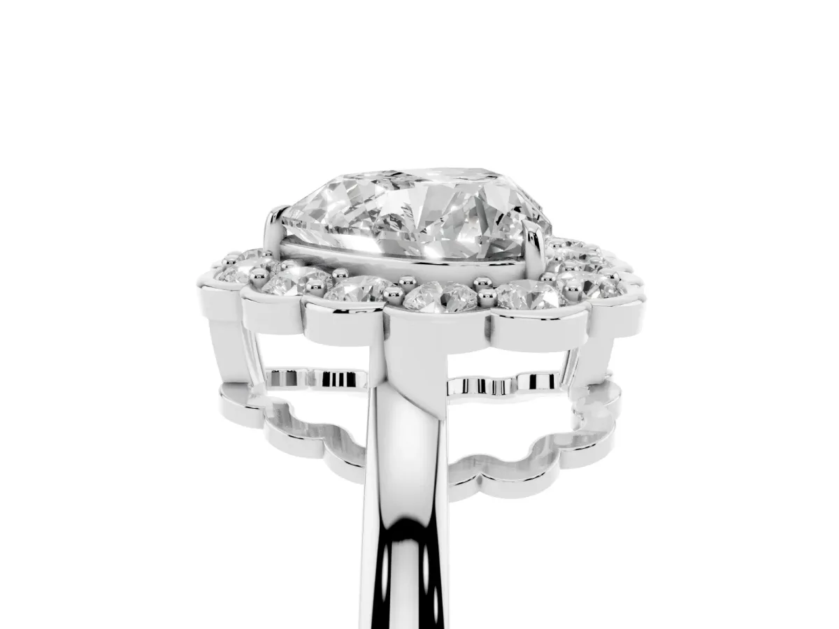 Heart Cut Halo Cluster Diamond Engagement Ring with Solitaire Band and Prong Setting Platinum