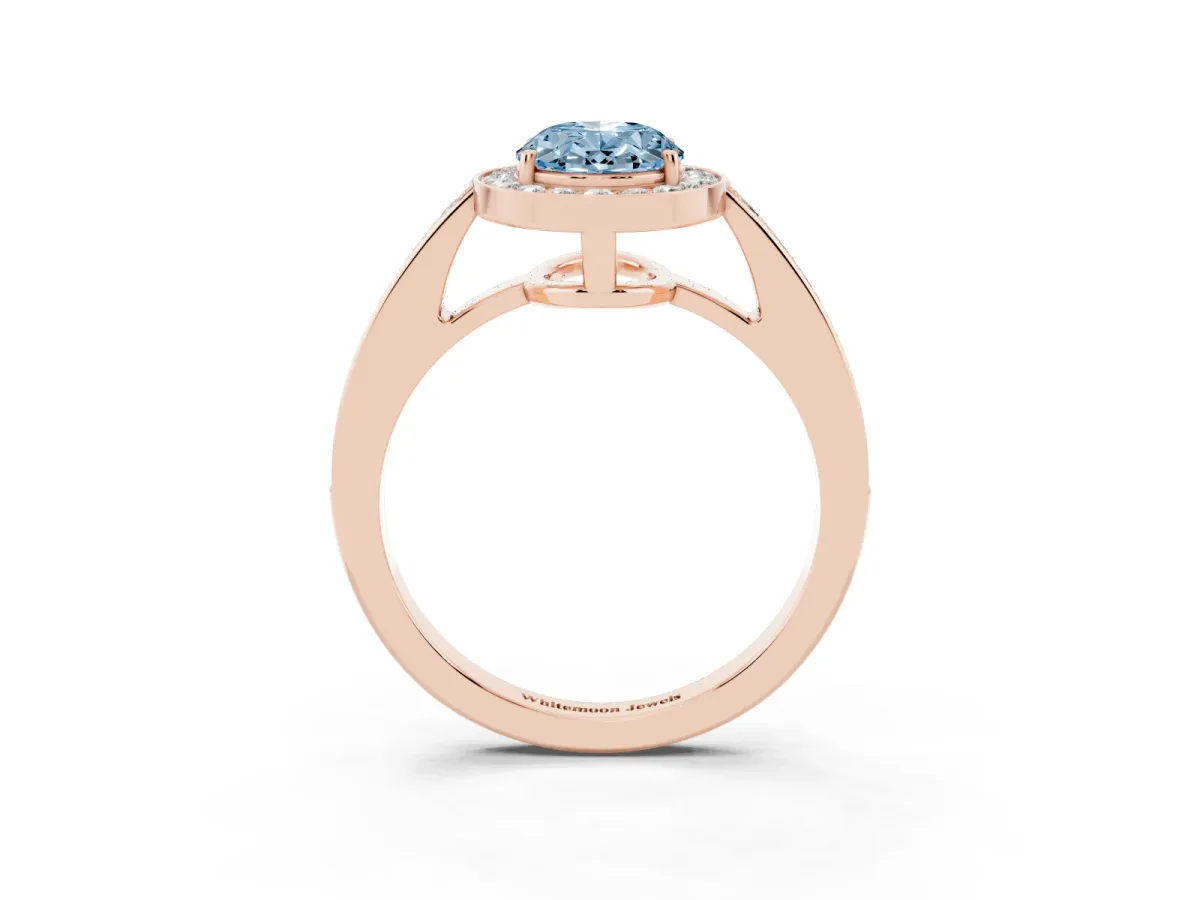 Fancy Blue Oval Cut Halo Pavé Diamond Engagement Ring with Bezel Setting Rose gold