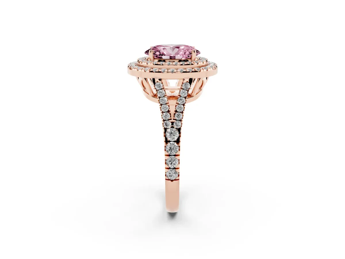 Fancy Pink Oval Cut Diamond Double Halo Ring with Pavé Band and Prong Setting Rose gold