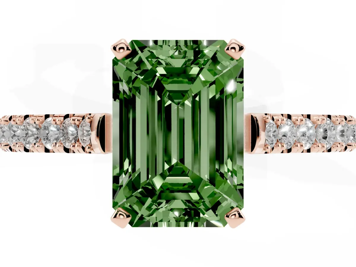 Fancy Green Emerald Cut Cut Solitaire Diamond Engagement Ring with Pave Band and Four-Prong Setting Rose gold