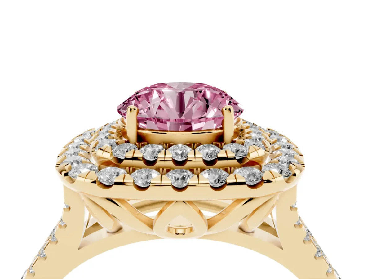Fancy Pink Double Halo Round Cut Diamond Pavé Split Shank Ring with Prong Setting Yellow gold