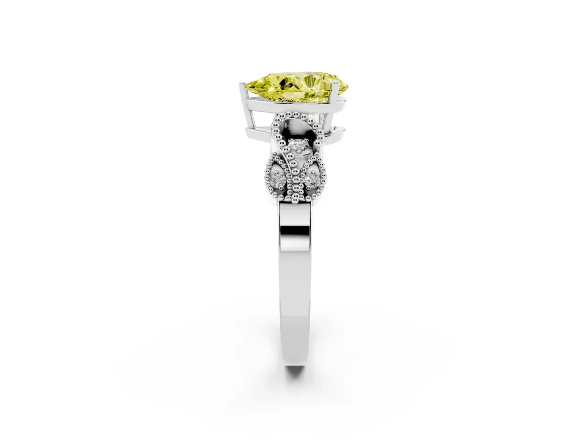 Fancy Yellow Pear Cut Solitaire Milgrain Leaf Band with Prong Setting White gold
