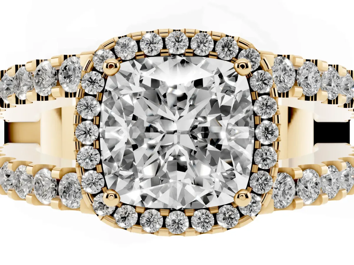 Cushion Cut Cut Halo Split Shank Diamond Ring with Four-Prong Setting Yellow gold