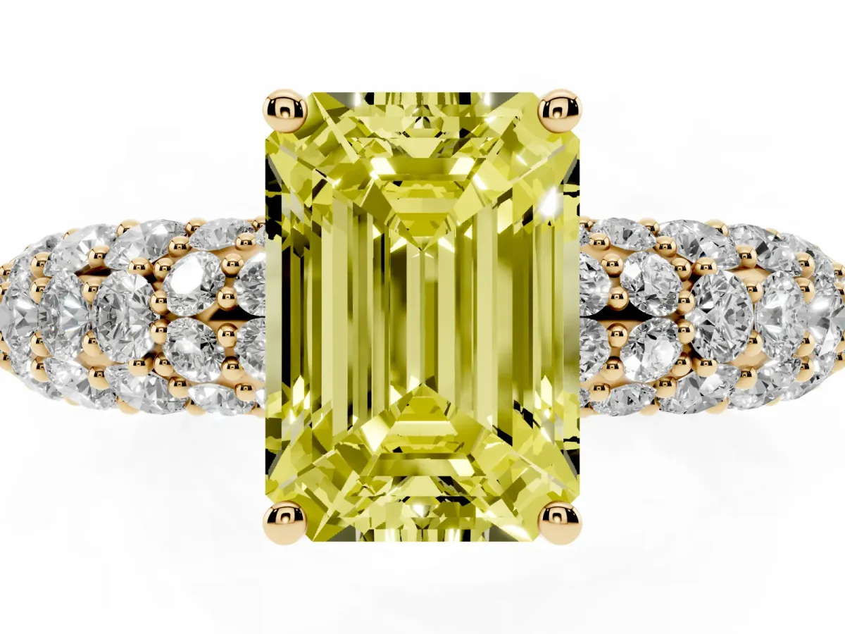 Fancy Yellow Emerald Cut Diamond Pavé Band Solitaire Ring with Four-Prong Setting Yellow gold