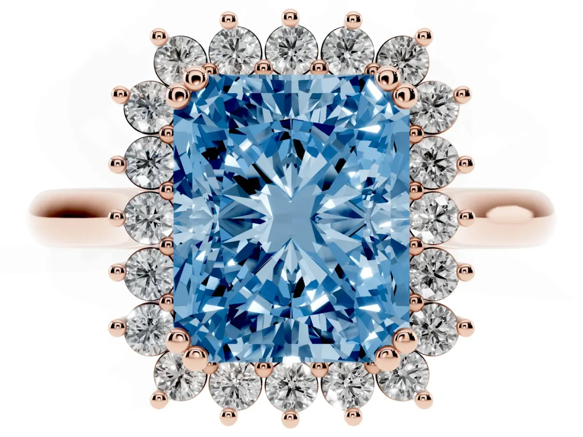 Fancy Blue Radiant Cut Cut Diamond Halo Ring with Solitaire Band and Prong Setting Rose gold