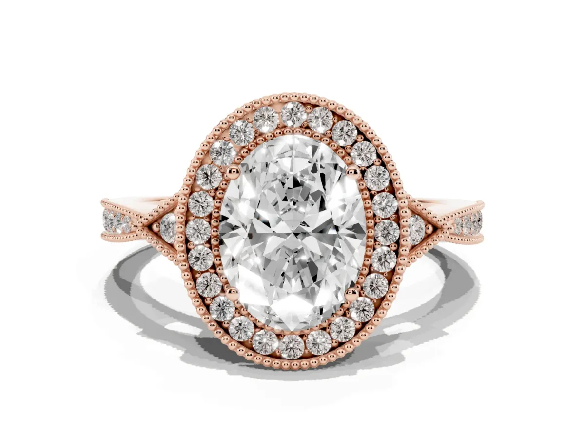 Oval Cut Halo Round Diamond Milgrain Pave Engagement Ring Rose gold
