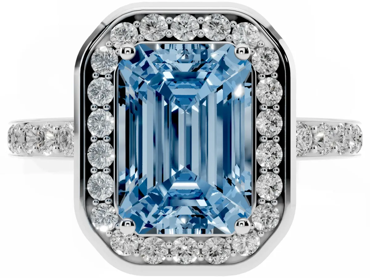 Fancy Blue Emerald Cut Diamond Halo Ring with Bezel Frame and Pavé Band Silver