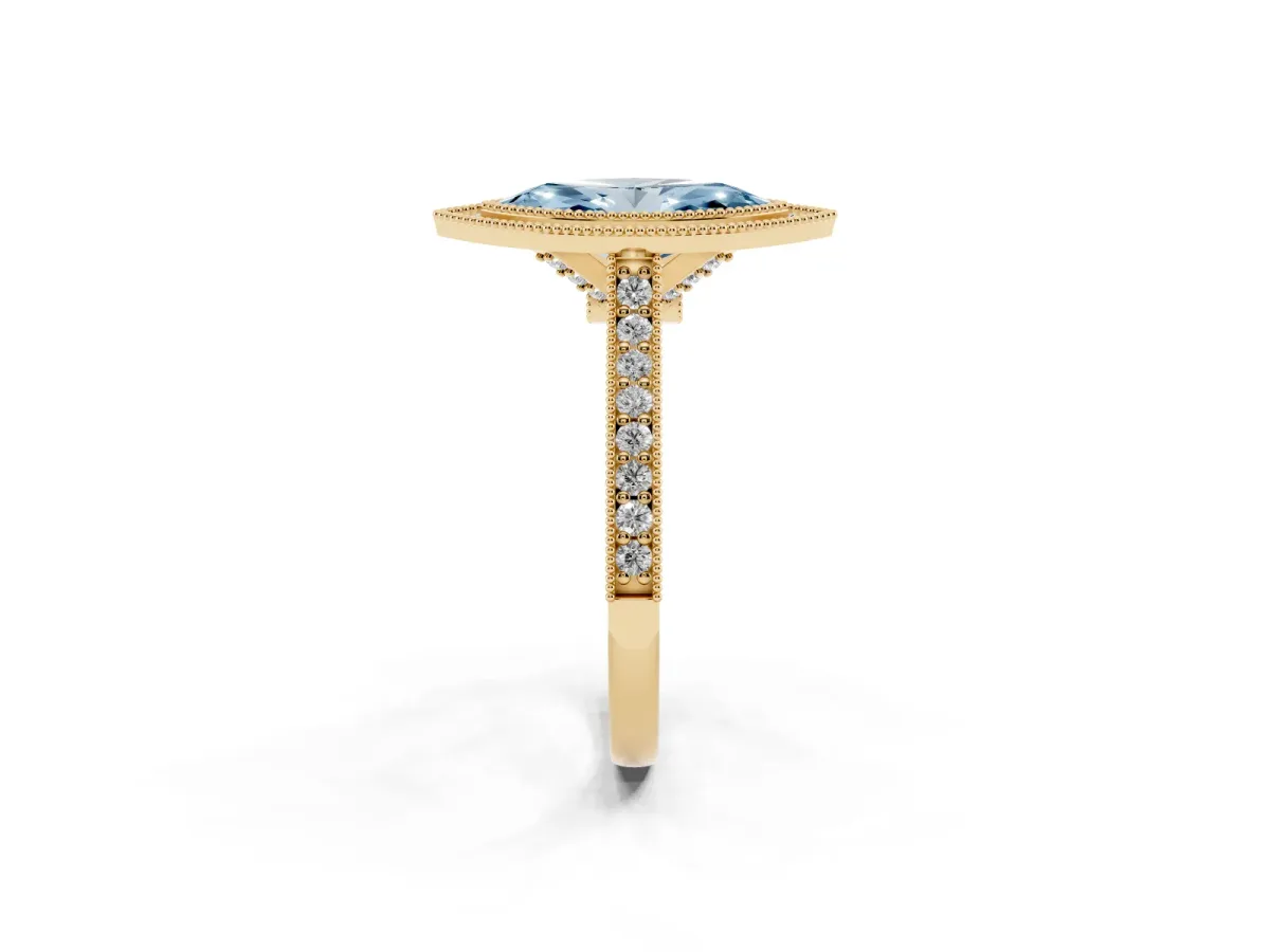 Fancy Blue Halo Marquise Cut-Cut Diamond Pave Band Milgrain Prong Setting Ring Yellow gold