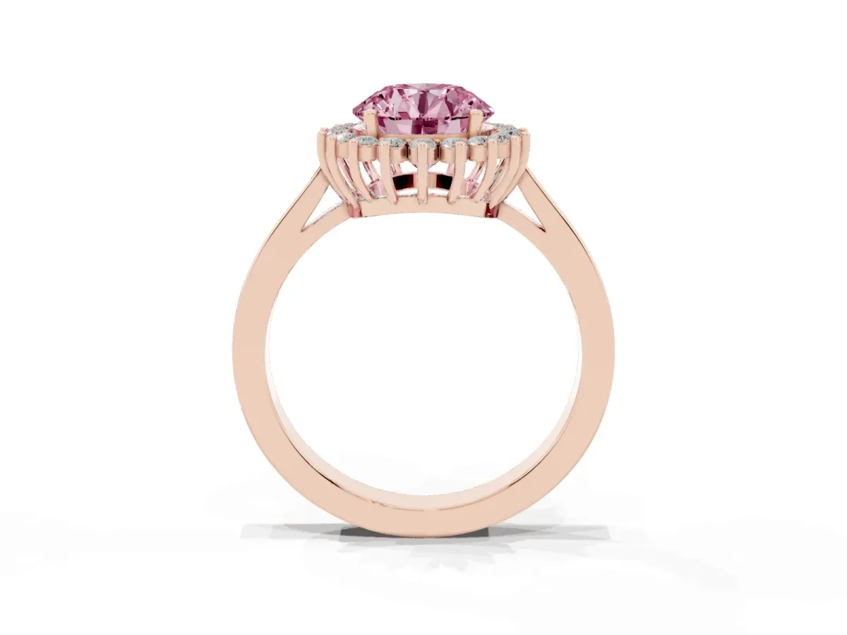 Fancy Pink Round Cut Cut Diamond Halo Ring with Round Brilliant Halo and Solitaire Band Rose gold
