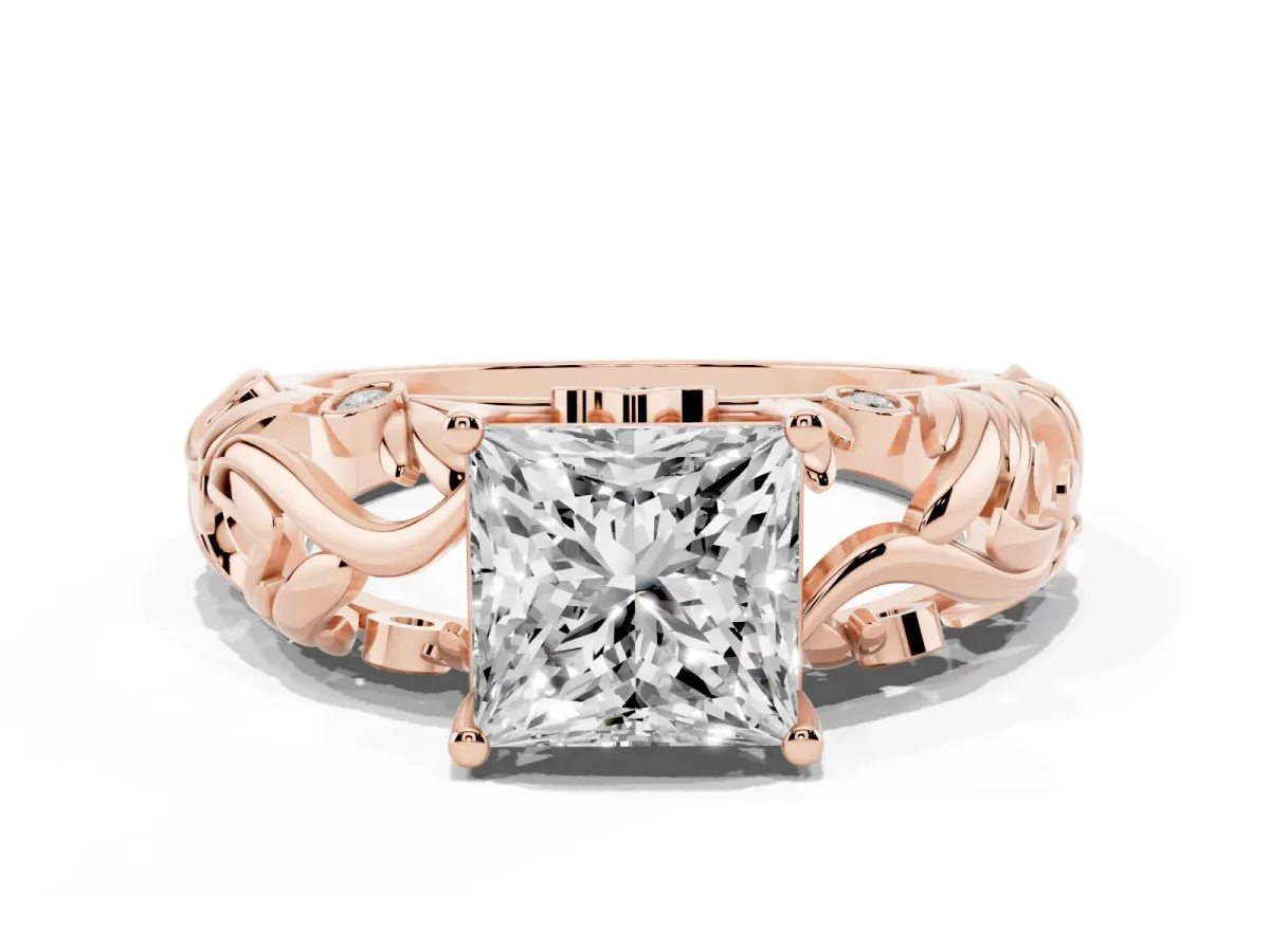 Princess Cut Solitaire Diamond Leaf-Inspired Vine Band Ring with Prong Setting Rose gold