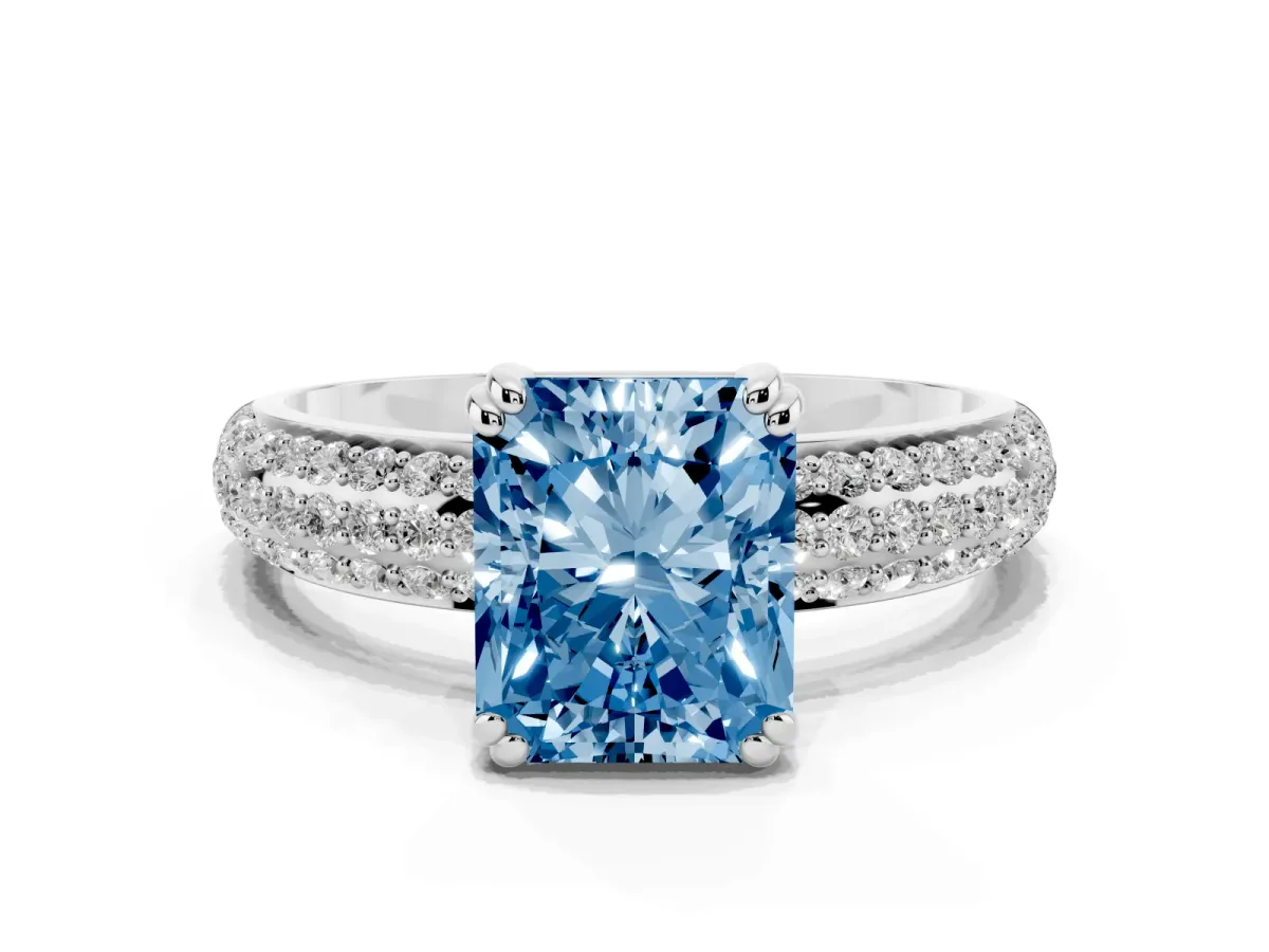 Fancy Blue Radiant Cut Diamond Solitaire Ring with Multi-Row Round Pavé Band and Prong Setting Silver