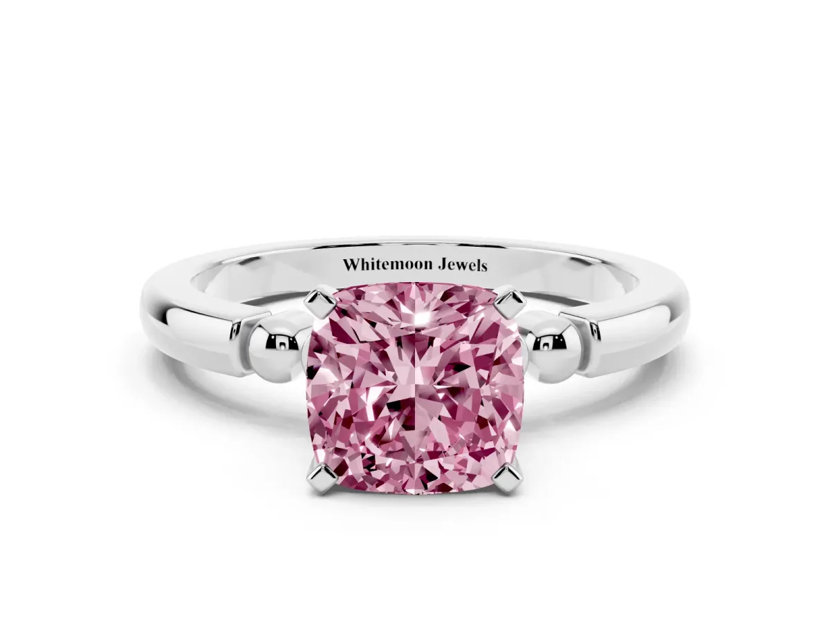 Fancy Pink Cushion Cut Solitaire Beaded Band with Four-Prong Setting Platinum