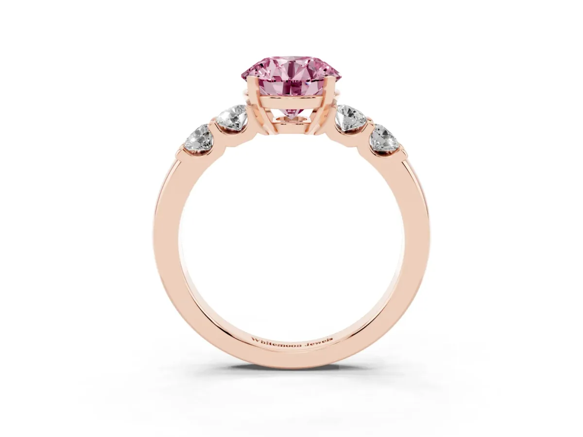 Fancy Pink Round Cut Brilliant Cut Diamond Five-Stone Prong Set Engagement Ring with Channel Band Rose gold