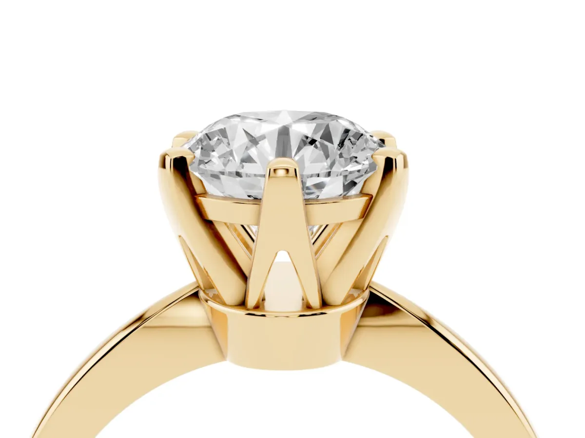 Round Cut Solitaire Engagement Ring with Six-Prong Setting and Tapered Band Yellow gold