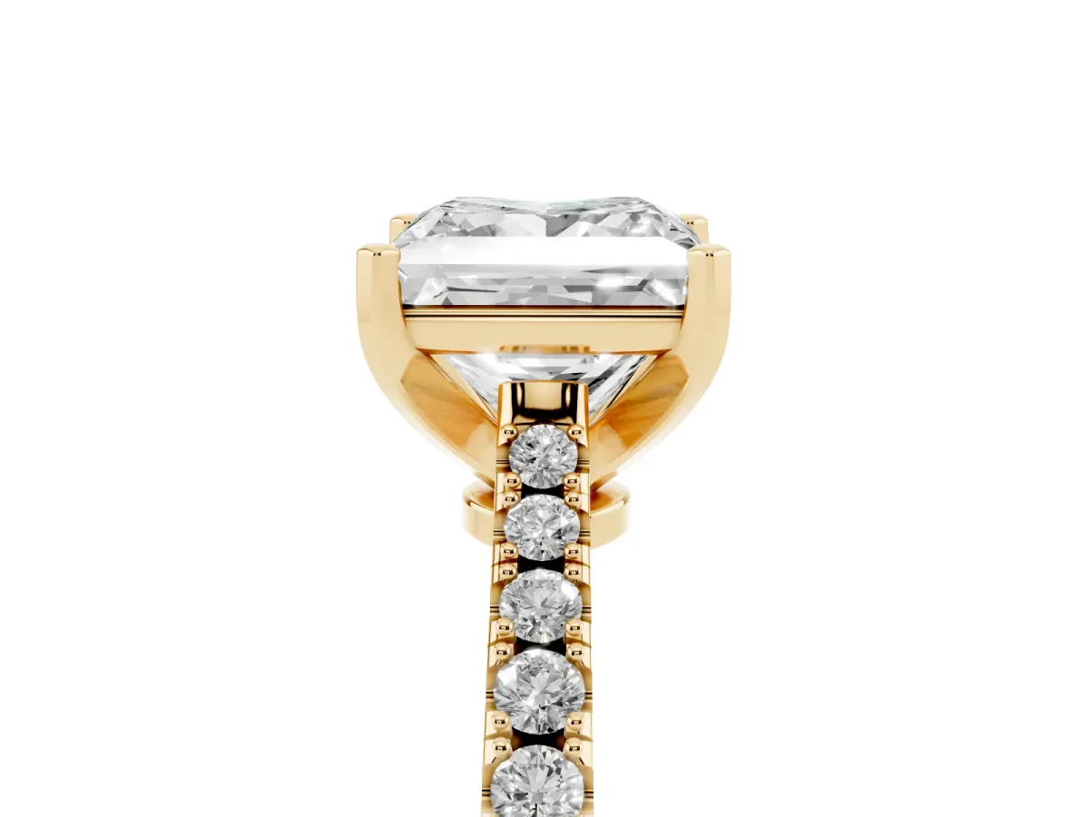 Princess Cut Cut Solitaire Diamond Engagement Ring with Pave Band and Four-Prong Setting Yellow gold