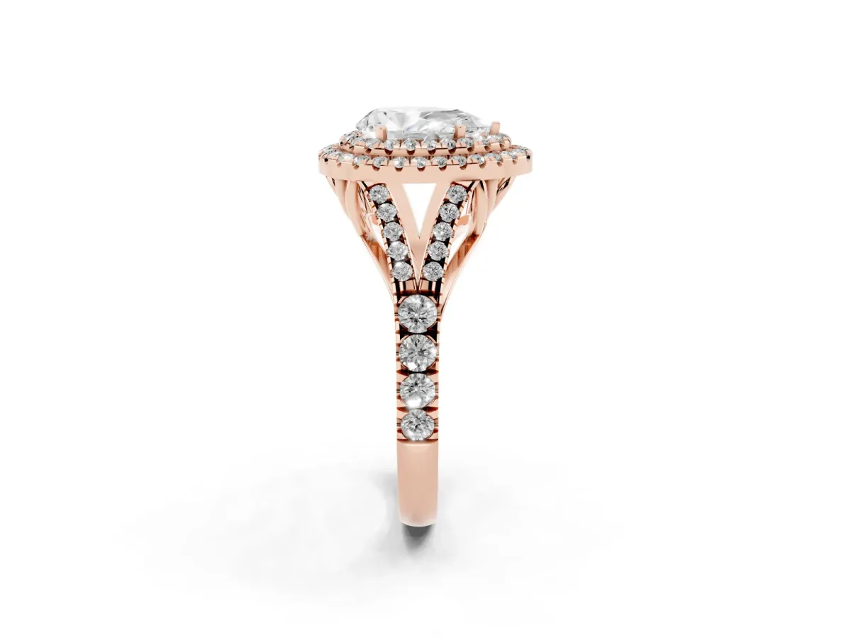 Pear Cut Cut Double Halo Split Shank Diamond Ring with Prong Setting Rose gold