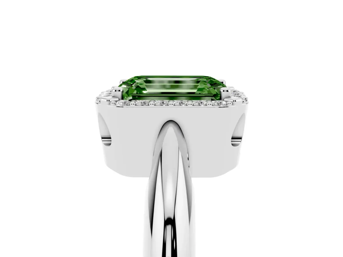 Fancy Green Emerald Cut Cut Diamond Halo Engagement Ring with Split Shank and Four-Prong Setting Silver