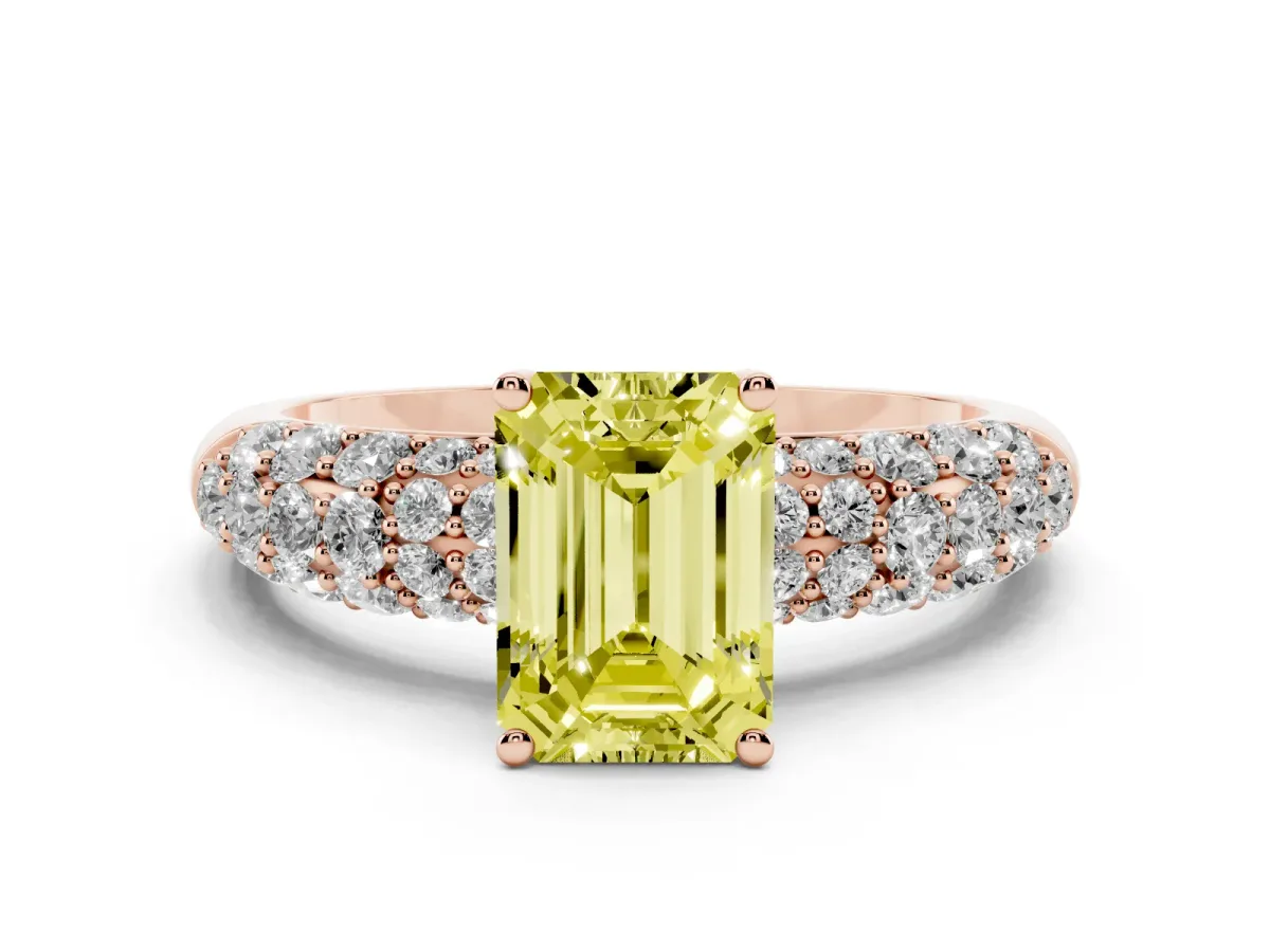 Fancy Yellow Emerald Cut Diamond Pavé Band Solitaire Ring with Four-Prong Setting Rose gold