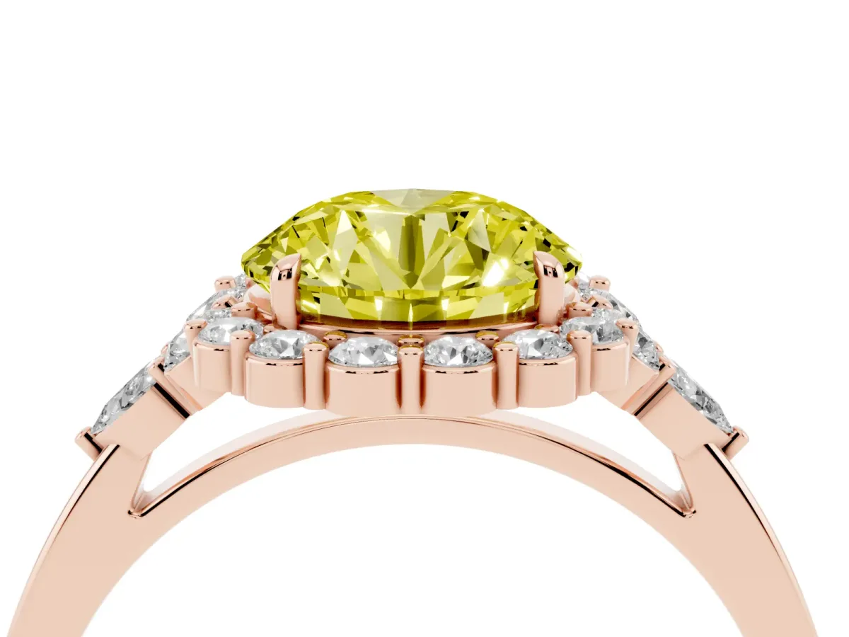 Fancy Yellow Round Cut Diamond Halo Ring with Pear Side Stones and Prong Setting Rose gold