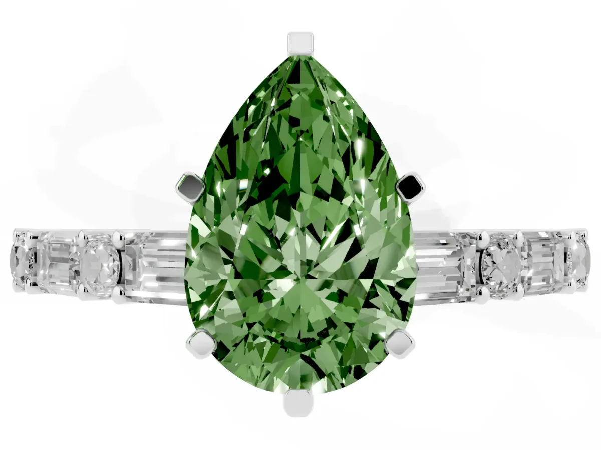 Fancy Green Pear Cut Diamond Solitaire with Side Baguettes and Channel Set Band Platinum