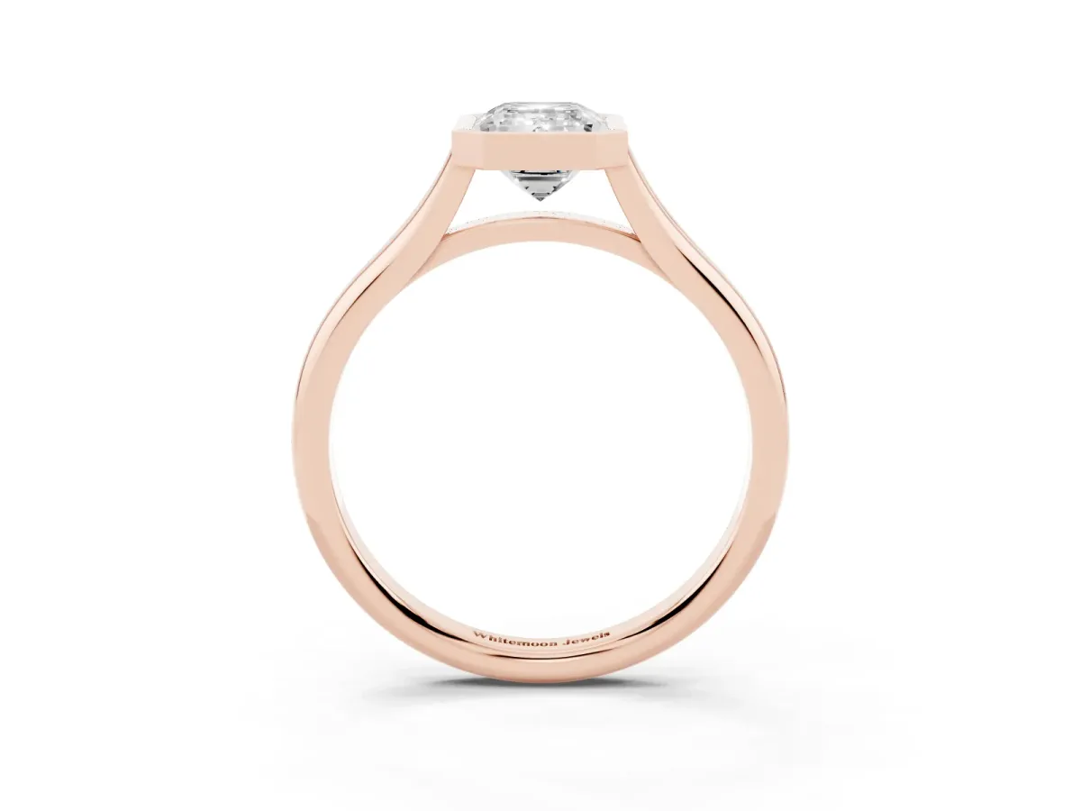 Bezel Set Emerald Cut Cut Solitaire Ring with Tapered Band Rose gold