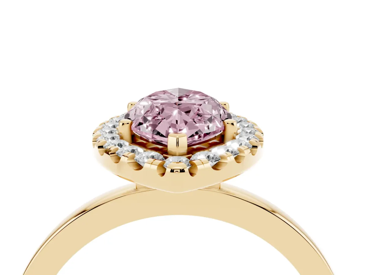 Fancy Pink Marquise Cut Halo Diamond Solitaire with Pavé Band and Four-Prong Setting Yellow gold
