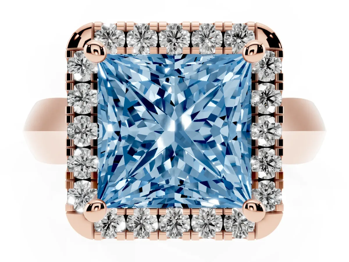 Fancy Blue Princess Cut Cut Halo Solitaire Engagement Ring with Square Band and Four-Prong Setting Rose gold